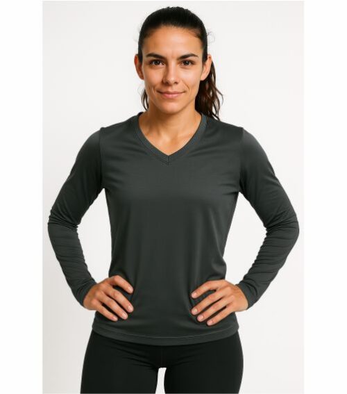 Camiseta Feminina gola V Dry Trail cinza manga longa