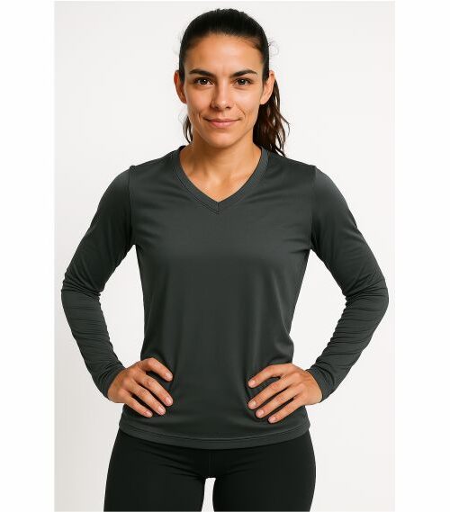 Camiseta Feminina gola V Dry Trail cinza manga longa