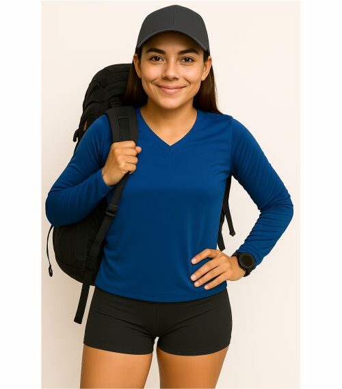 Camiseta Feminina gola V Dry Trail oceano manga longa